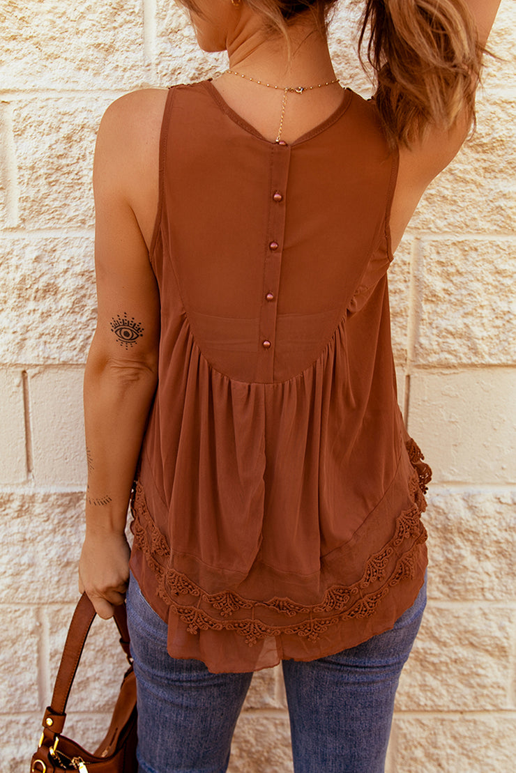 Lace Detail Button Back Sleeveless Top - Ruby's Fashion