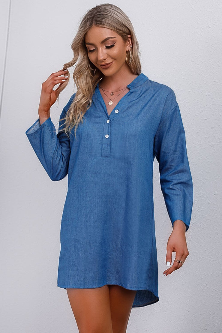 Half-Button Notched Neck High-Low Denim Dress - Ruby's Fashion