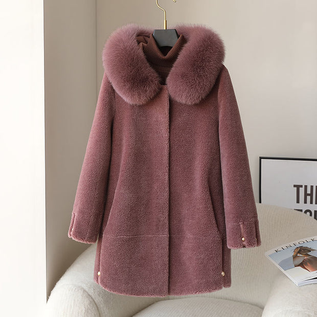 Women's Fox Fur Collar Hooded Sheep Shearling Coat - Ruby's Fashion