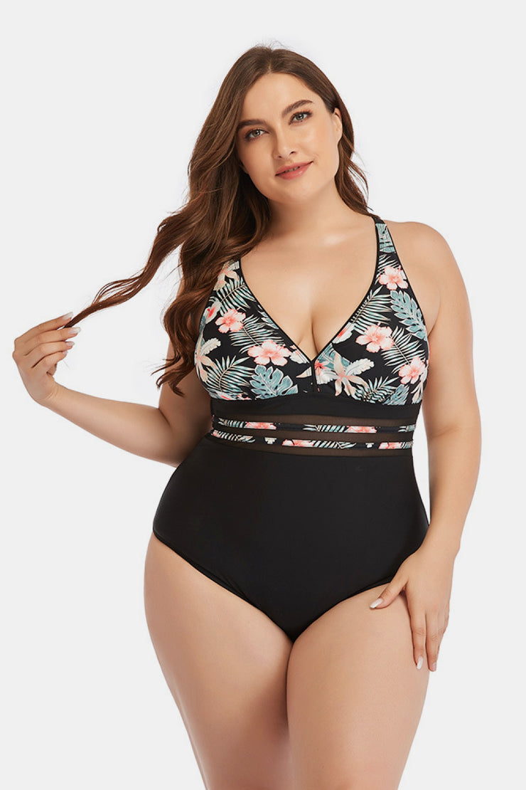 Floral Cutout Tie-Back One-Piece Swimsuit - Ruby's Fashion