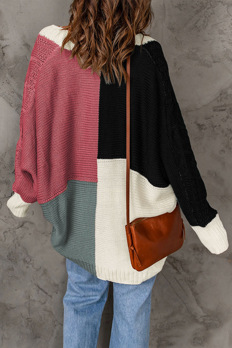 Color Block Cable-Knit Batwing Sleeve Cardigan - Ruby's Fashion