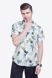 Tropical Pattern Button-Up Collared Beach Shirt