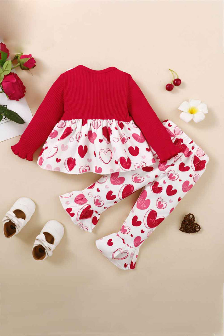 Girls Heart Print Bow Detail Sweater and Flare Pants Set - Ruby's Fashion