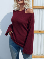 Rib-Knit Cutout Flare Sleeve Sweater - Ruby's Fashion