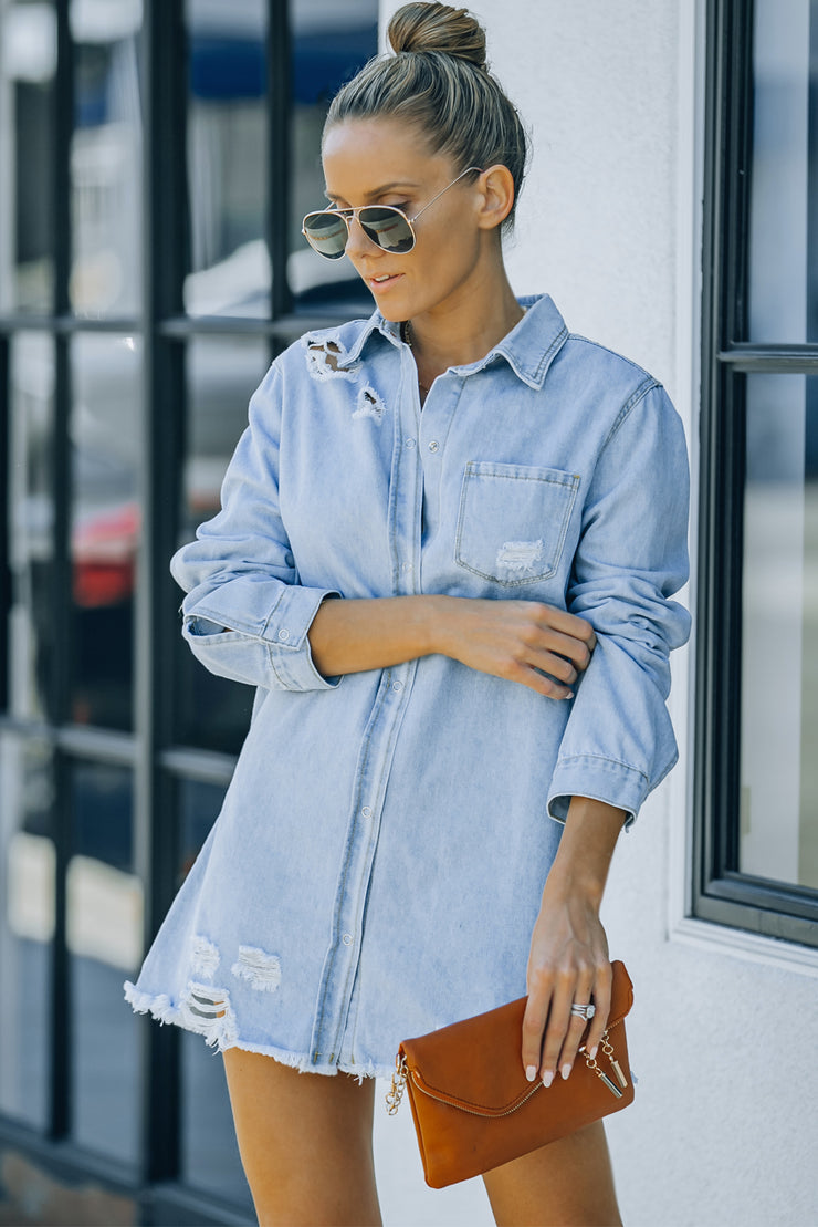 Distressed Snap Down Denim Jacket - Ruby's Fashion