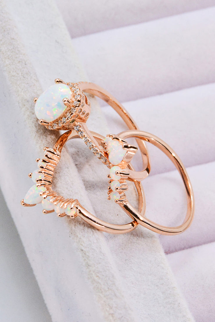 Opal and Zircon Three-Piece Ring Set - Ruby's Fashion