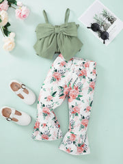 Girls Bow Detail Cami and Floral Flare Pants Set - Ruby's Fashion