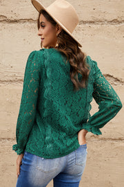 Lace Crochet V-Neck Flounce Sleeve Top - Ruby's Fashion