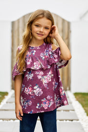 Girls Floral Cold-Shoulder Ruffled Top - Ruby's Fashion