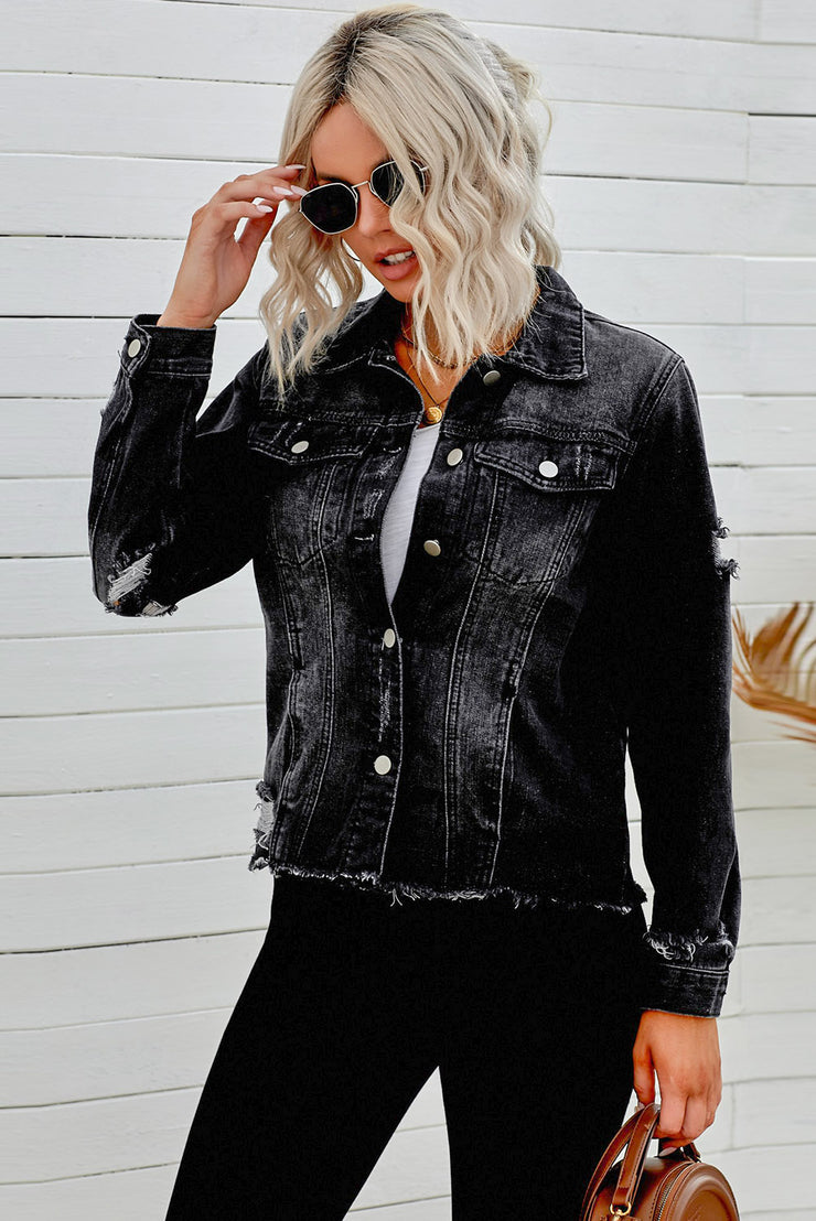 Distressed Raw Hem Denim Jacket - Ruby's Fashion