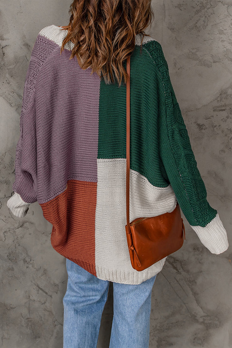 Color Block Cable-Knit Batwing Sleeve Cardigan - Ruby's Fashion