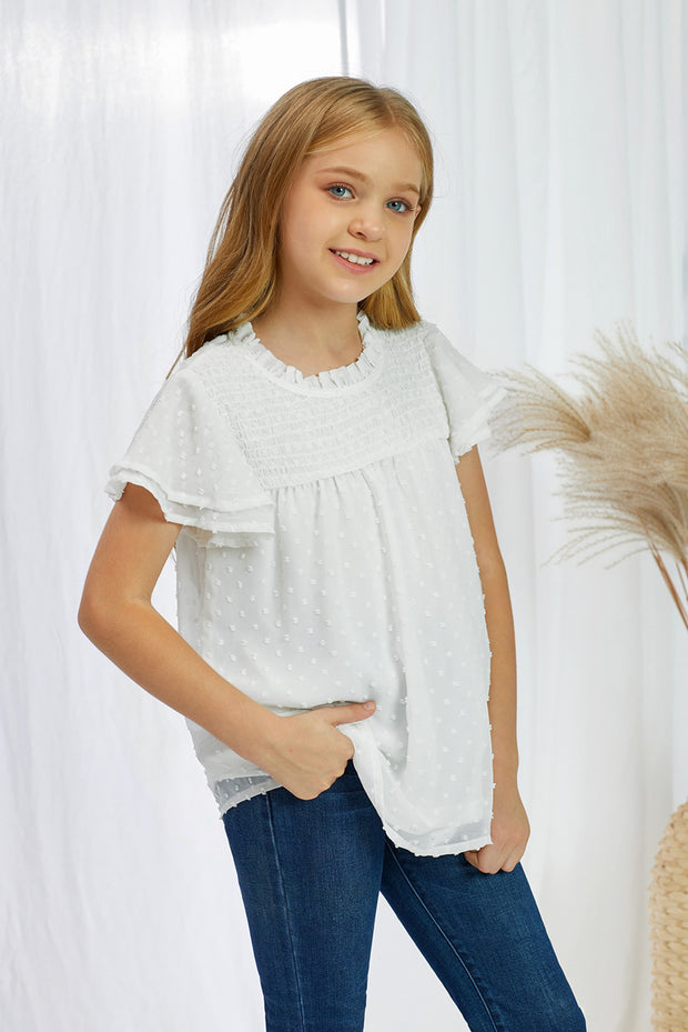 Girls Swiss Dot Smocked Flutter Sleeve Blouse - Ruby's Fashion