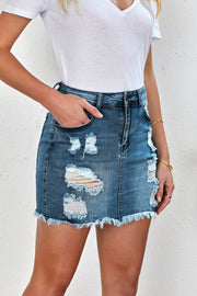 Distressed Raw Hem Denim Mini Skirt - Ruby's Fashion