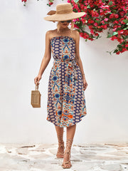 Printed Strapless Tie Belt Dress