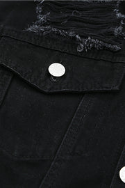 Distressed Button-Up Denim Jacket with Pockets - Ruby's Fashion