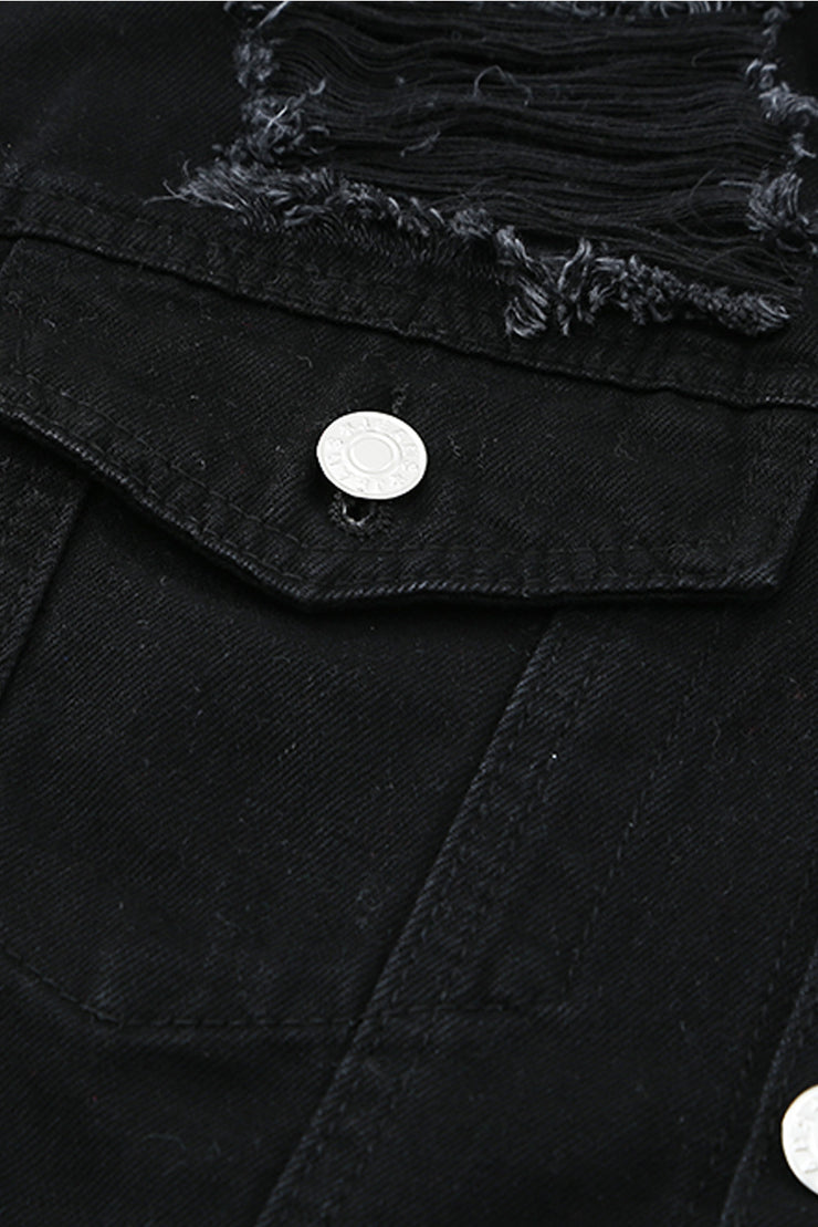 Distressed Button-Up Denim Jacket with Pockets - Ruby's Fashion