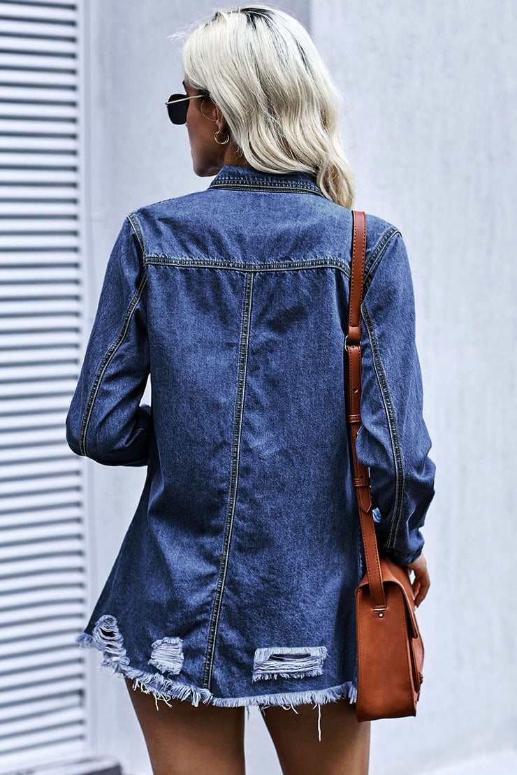 Distressed Snap Down Denim Jacket - Ruby's Fashion