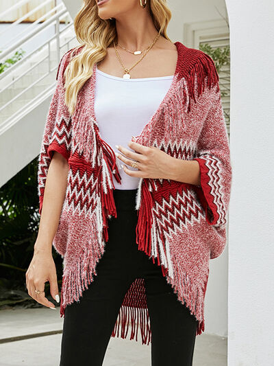 Geometric Fringe Open Front Cardigan