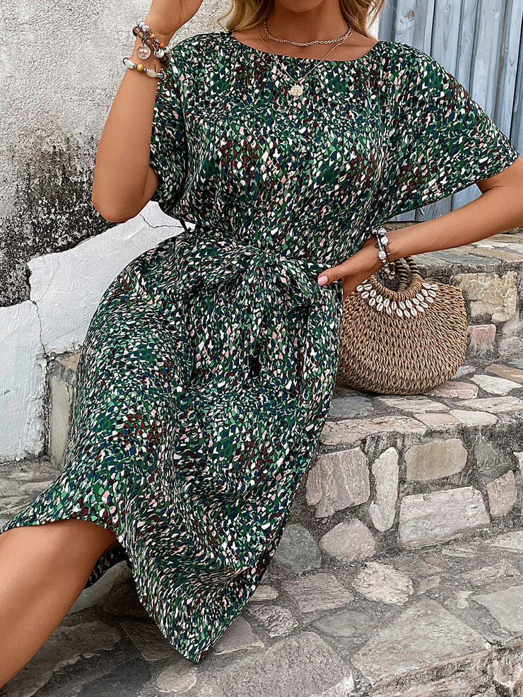 Printed Tie Belt Round Neck Dress