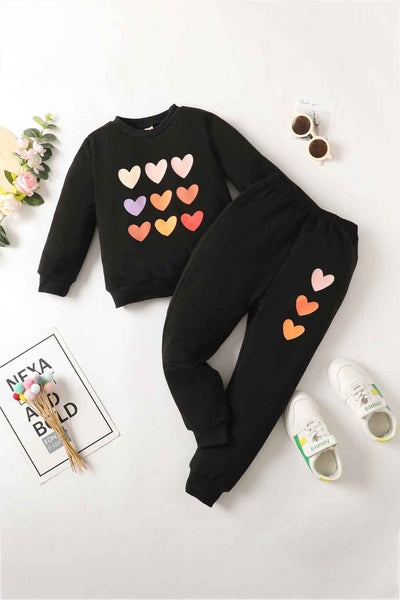 Kids Heart Graphic Sweatshirt and Joggers Set - Ruby's Fashion