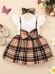 Girls Plaid Bow Detail Ribbed Dress - Ruby's Fashion