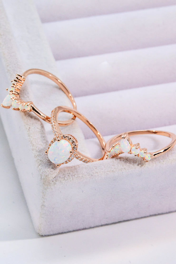 Opal and Zircon Three-Piece Ring Set - Ruby's Fashion