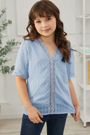 Girls Swiss Dot Spliced Lace Blouse - Ruby's Fashion