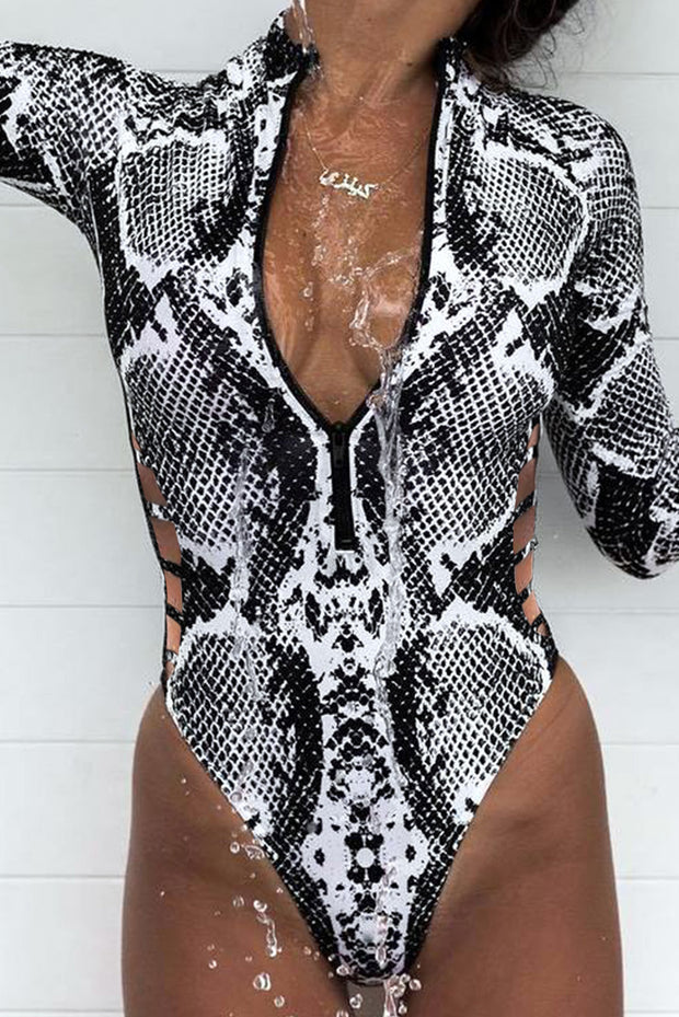 Animal Print Zipper Cut-Out Wetsuit - Ruby's Fashion