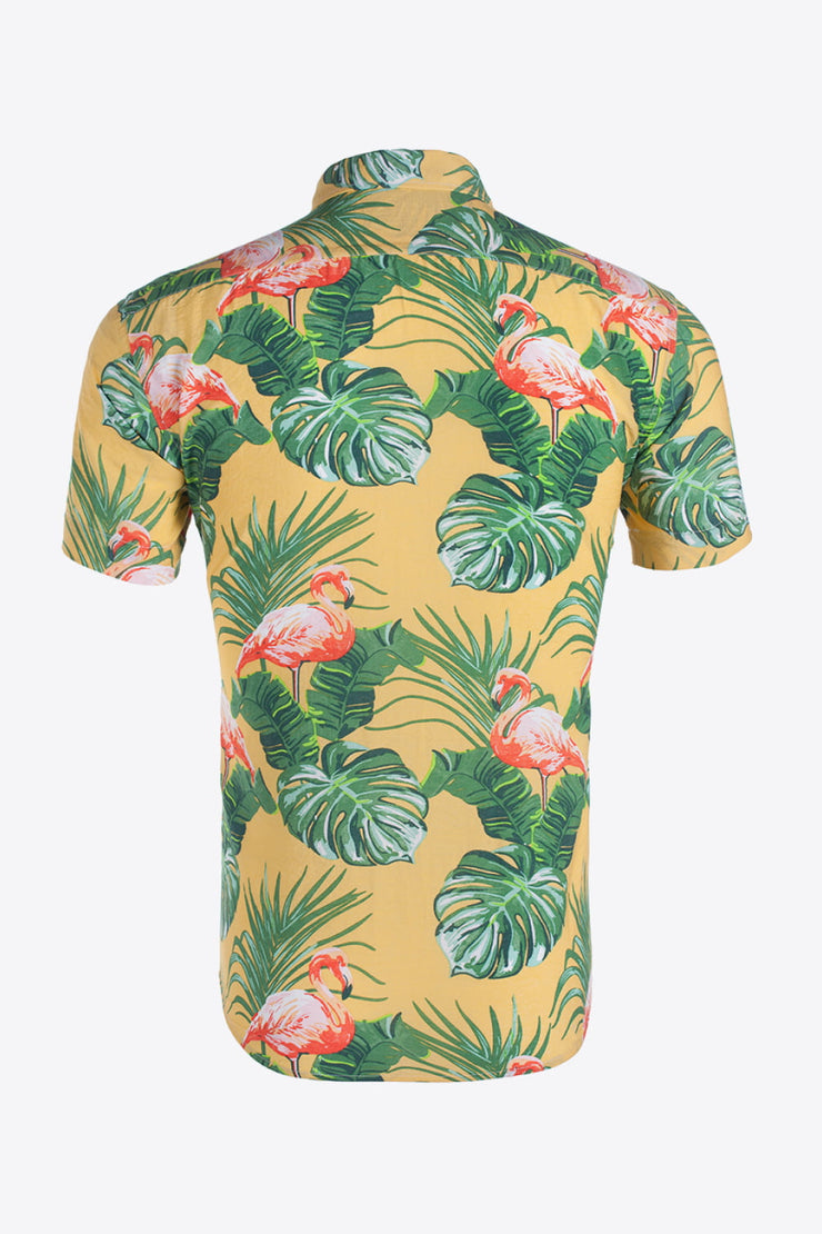 Tropical Pattern Button-Up Collared Beach Shirt