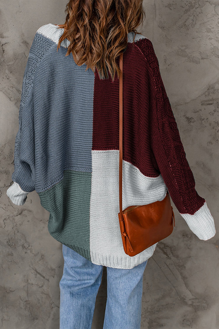 Color Block Cable-Knit Batwing Sleeve Cardigan - Ruby's Fashion