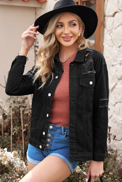 Distressed Button-Up Denim Jacket with Pockets - Ruby's Fashion