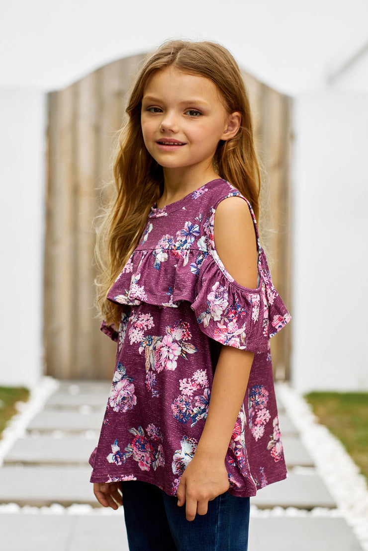 Girls Floral Cold-Shoulder Ruffled Top - Ruby's Fashion