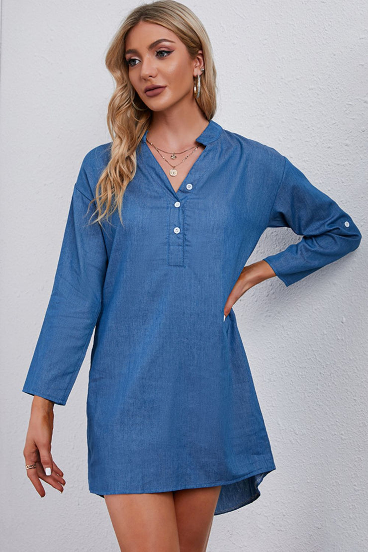 Half-Button Notched Neck High-Low Denim Dress - Ruby's Fashion