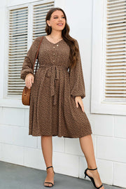 Plus Size Printed V-Neck Balloon Sleeve Tie Waist Dress