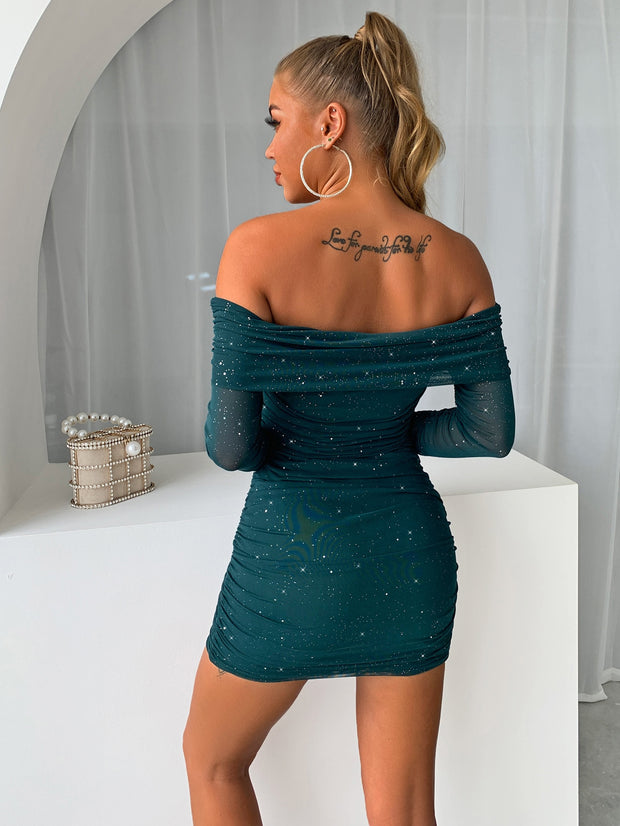 Glitter Mesh Off-Shoulder Ruched Mini Dress