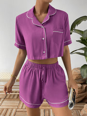 Contrast Lapel Collar Cropped Shirt and Shorts Lounge Set