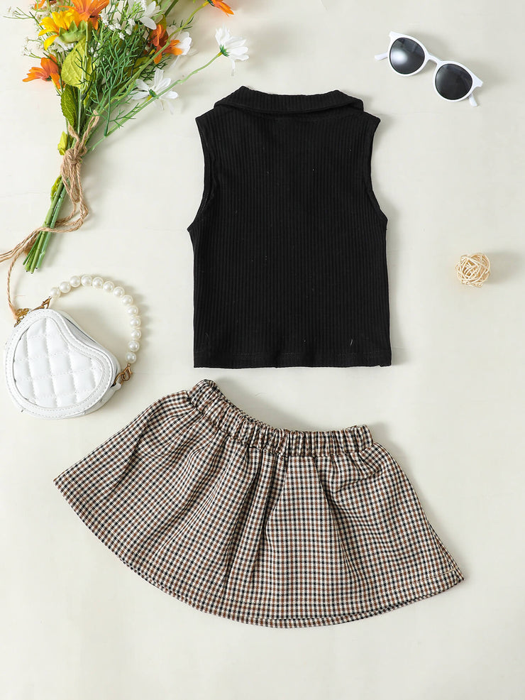 Girls Ribbed Sleeveless Top and Plaid Skirt Set - Ruby's Fashion