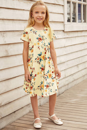 Girls Floral Round Neck Short Sleeve Dress with Pockets - Ruby's Fashion