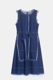 Frayed Detail Belted Sleeveless Denim Dress - Ruby's Fashion