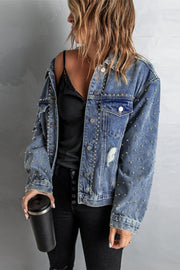 Studded Button Down Denim Jacket - Ruby's Fashion