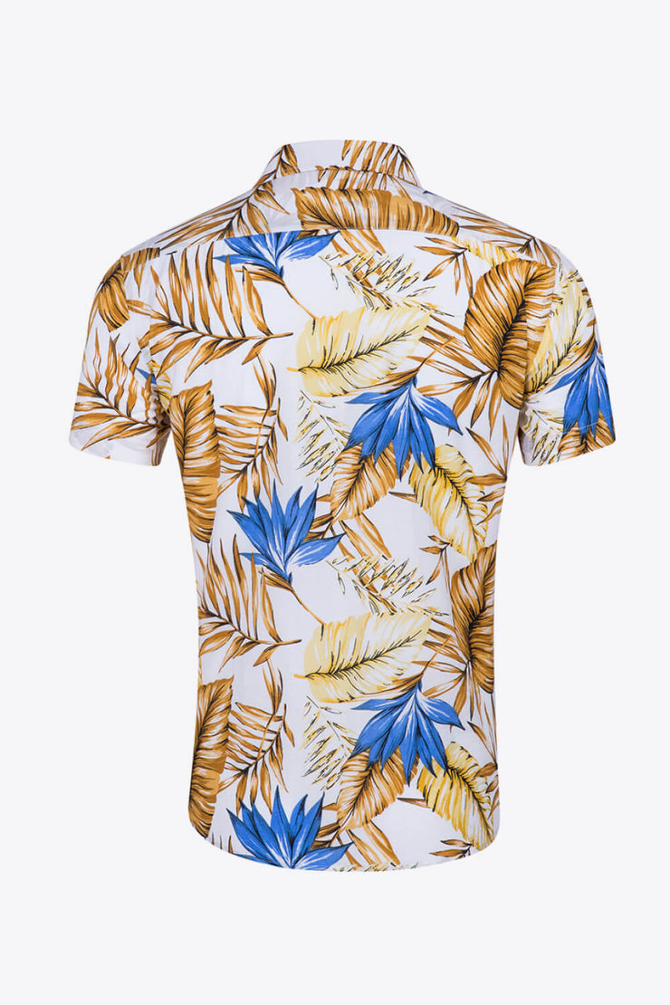 Tropical Pattern Button-Up Collared Beach Shirt