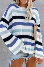 Striped Slit Round Neck Dropped Shoulder Sweater