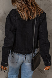 Frayed Trim Button Down Denim Jacket - Ruby's Fashion