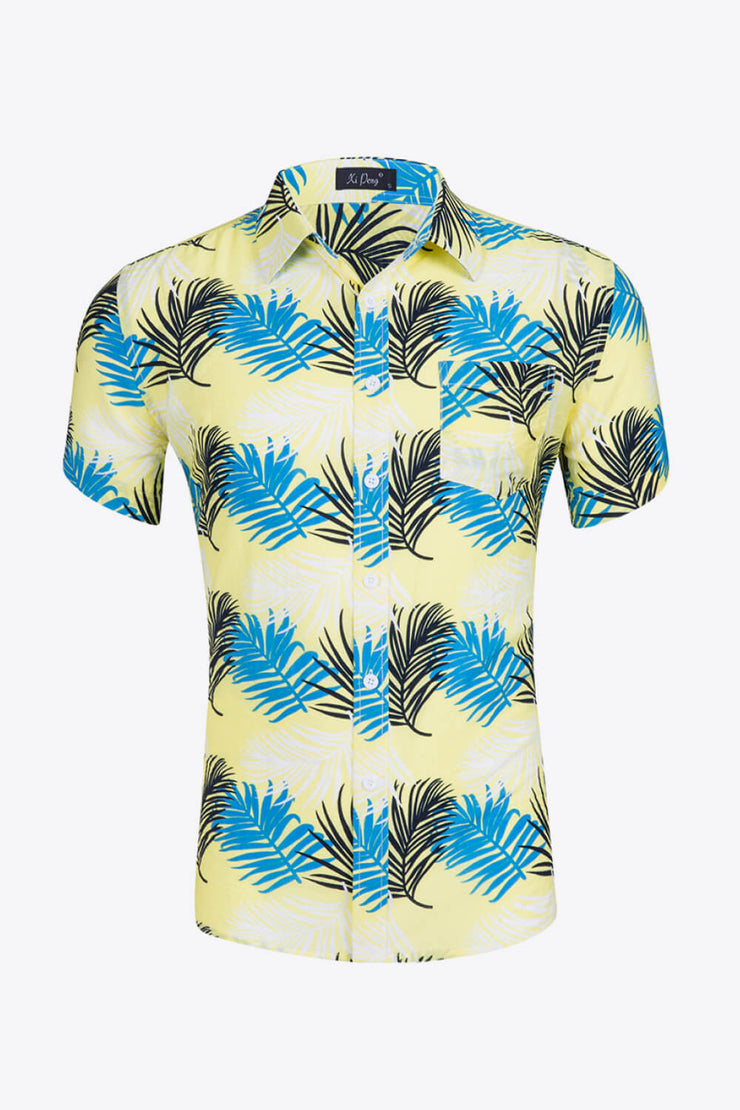 Tropical Pattern Button-Up Collared Beach Shirt