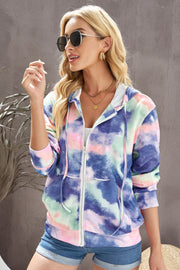 Tie-Dye Drawstring Detail Zip Up Hooded Jacket