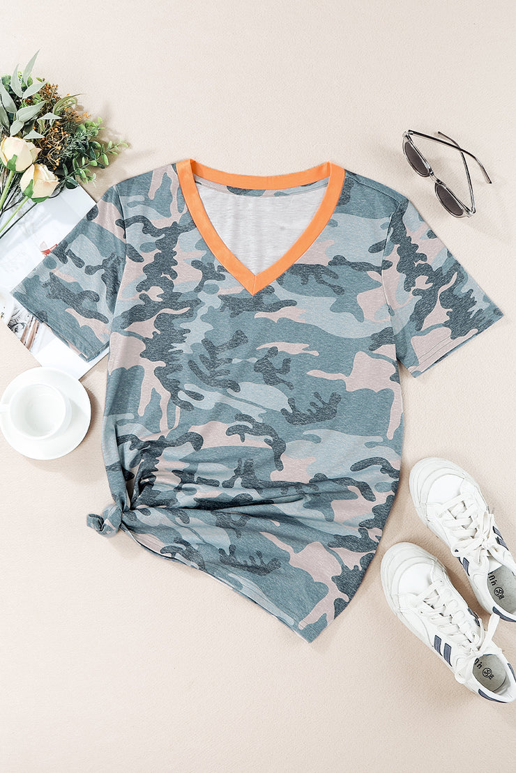 Camouflage Two-Tone V-Neck Tee - Ruby's Fashion