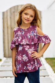 Girls Floral Cold-Shoulder Ruffled Top - Ruby's Fashion