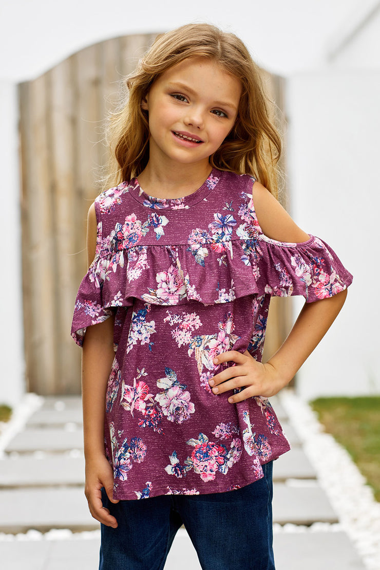 Girls Floral Cold-Shoulder Ruffled Top - Ruby's Fashion