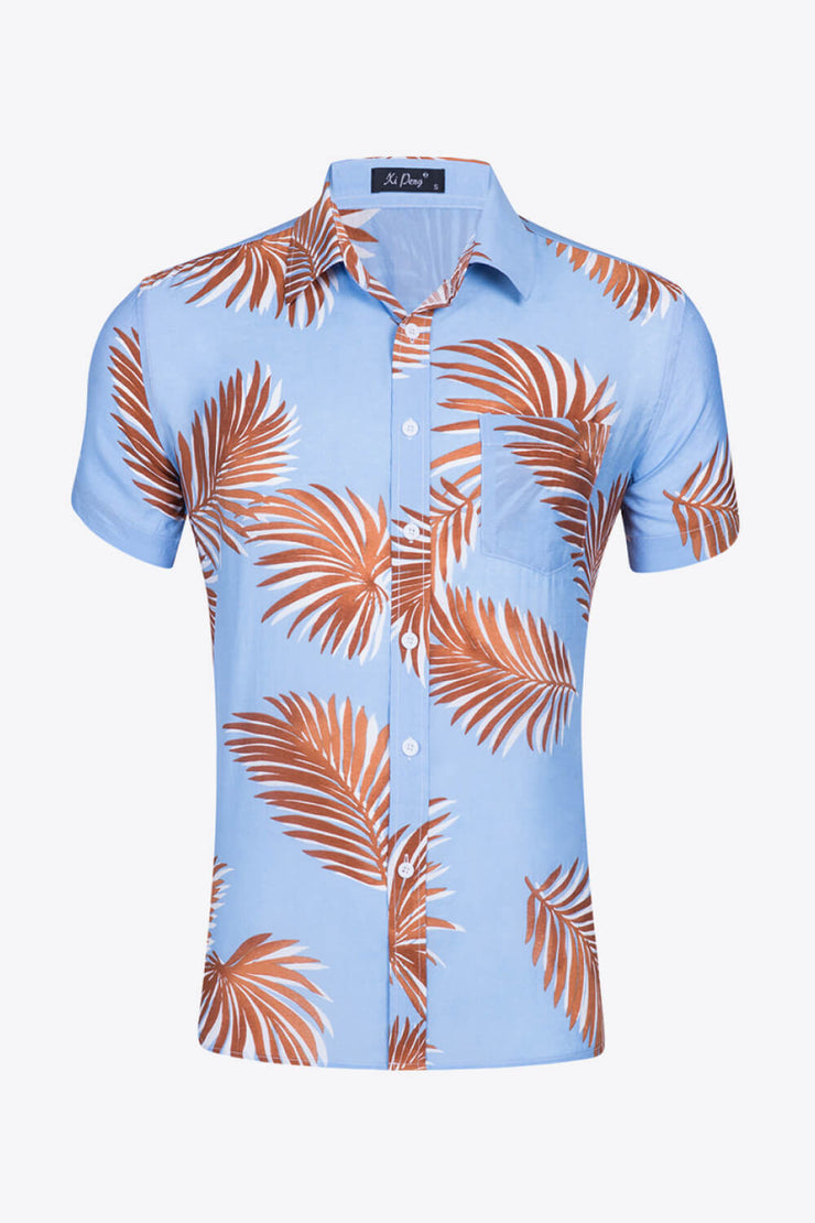 Tropical Pattern Button-Up Collared Beach Shirt