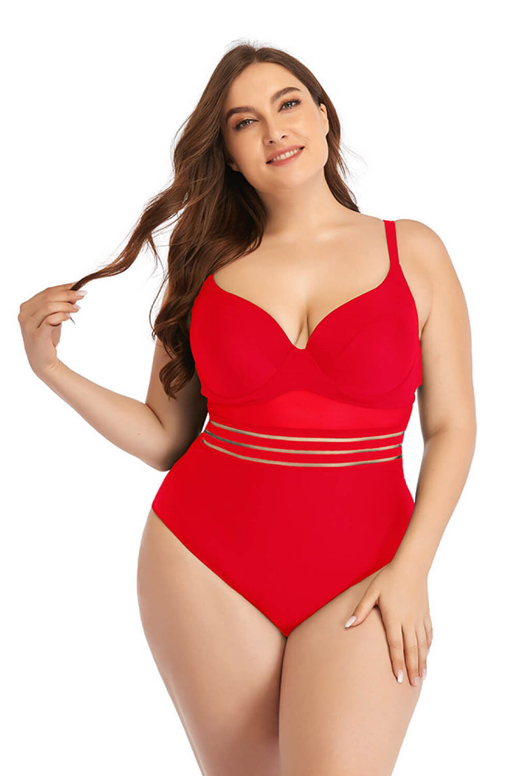 Plus Size Spliced Mesh Tie-Back One-Piece Swimsuit - Ruby's Fashion